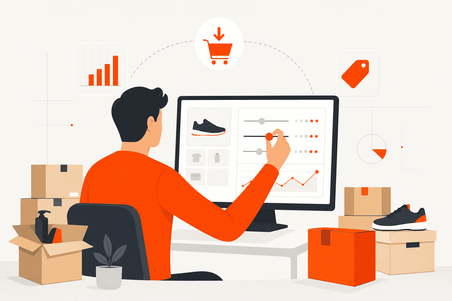 Vendedor online ajustando estratégias de preços no computador cercado por embalagens de produtos