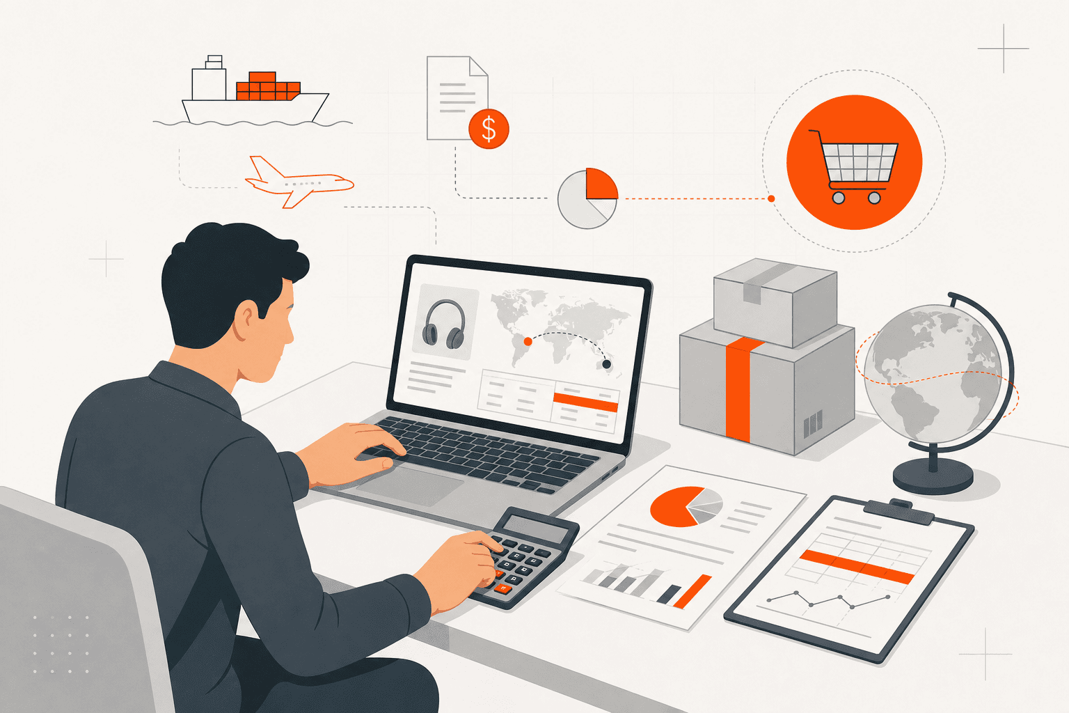 Pessoa calculando preços de produtos importados com laptop e documentos financeiros.