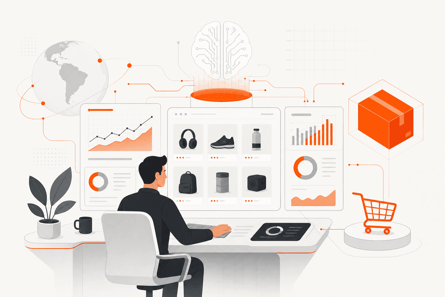 Ambiente de trabalho futurístico com telas de tecnologia de IA mostrando análise de dados para e-commerce.