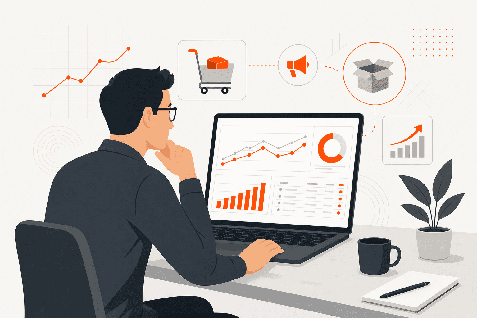 Analista de marketing digital analisando métricas de ACOS no laptop com o painel do Mercado Ads visível